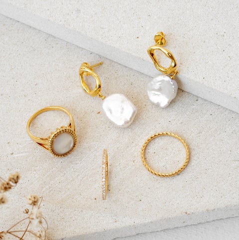 Keshi Pearl Earrings, Elisabeth Vintage Ring, Irene Beaded Ring, Diamond Eternity Ring